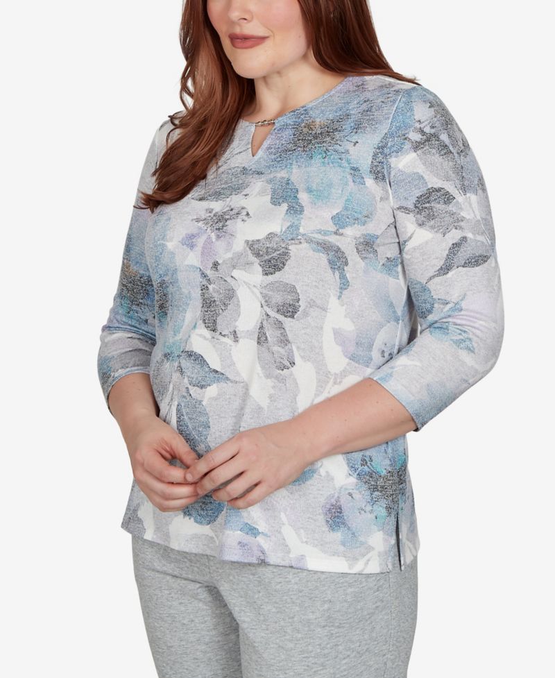 Women's Floral 3/4-Sleeve Keyhole-Neck T-Shirt