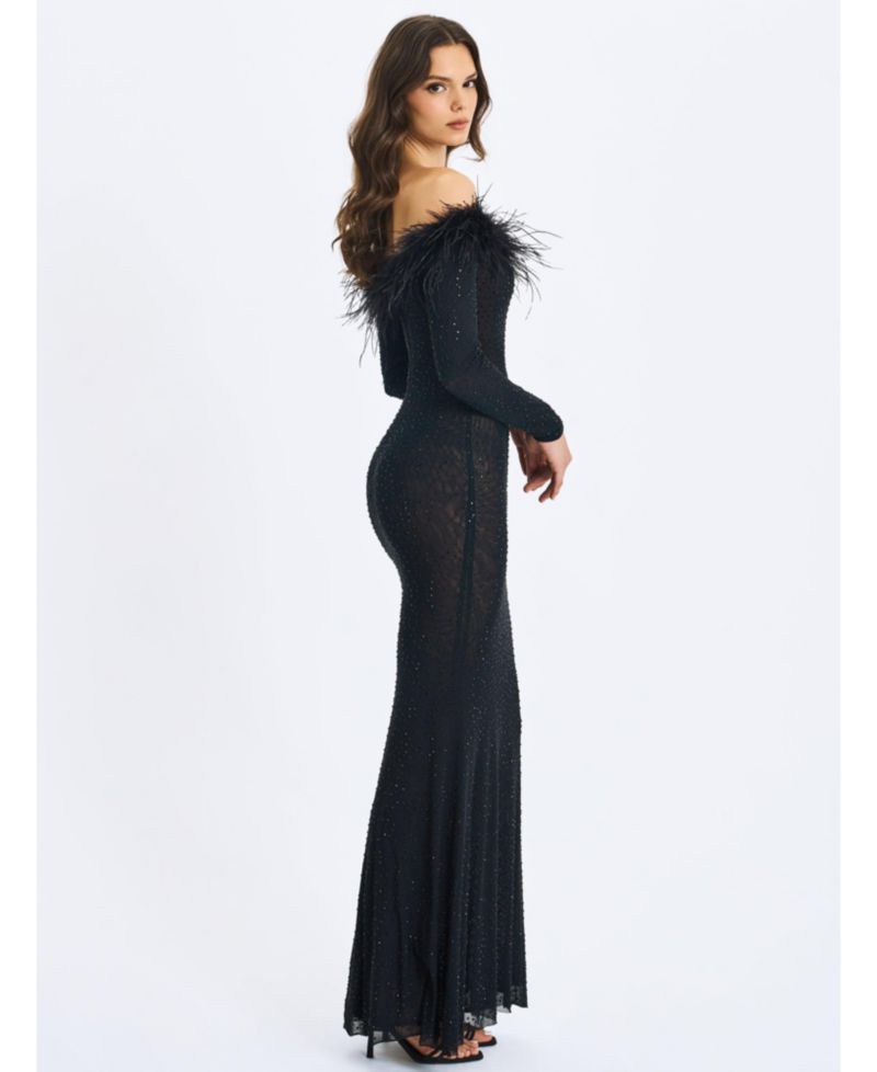 Women's Emberly Black Faux Fur Trimmed Off-Shoulder Rhinestone Mermaid Maxi Dress