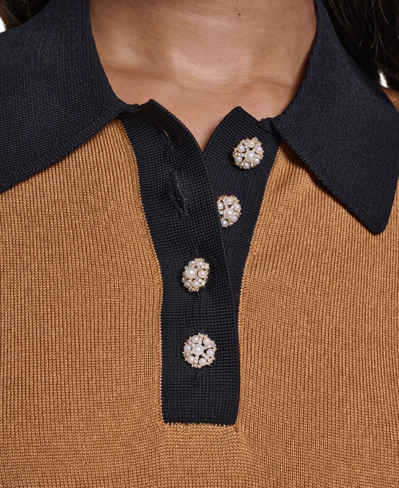 Petite Short-Sleeve Contrast Collar Sweater