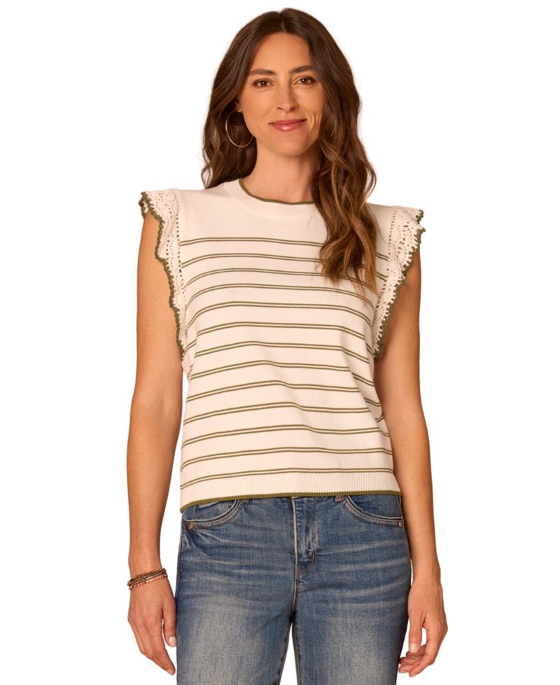Petite Crochet-Sleeve Striped Round Neck Sweater Tank