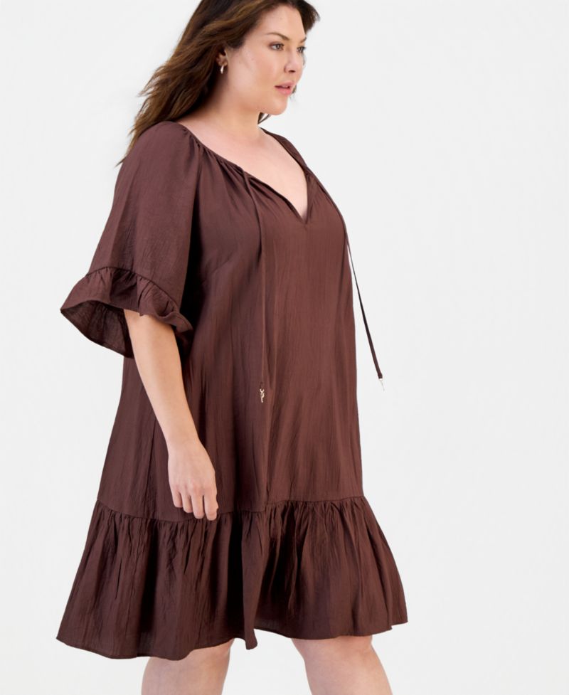 Plus Size Ruffle-Hem Bell-Sleeve Split-Neck Dress