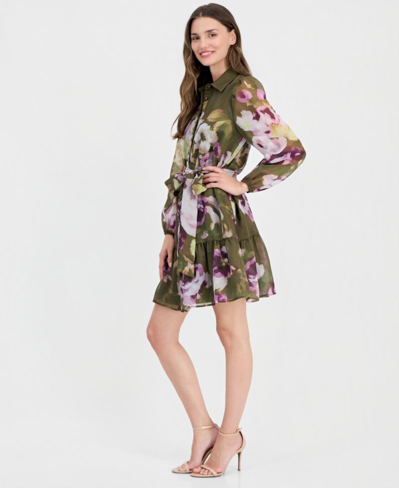 Women's Tiered Chiffon Tie-Waist Shirtdress