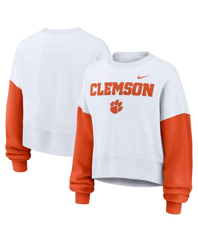 Women's White Clemson Tigers Oversized Color Block Pullover Sweatshirt