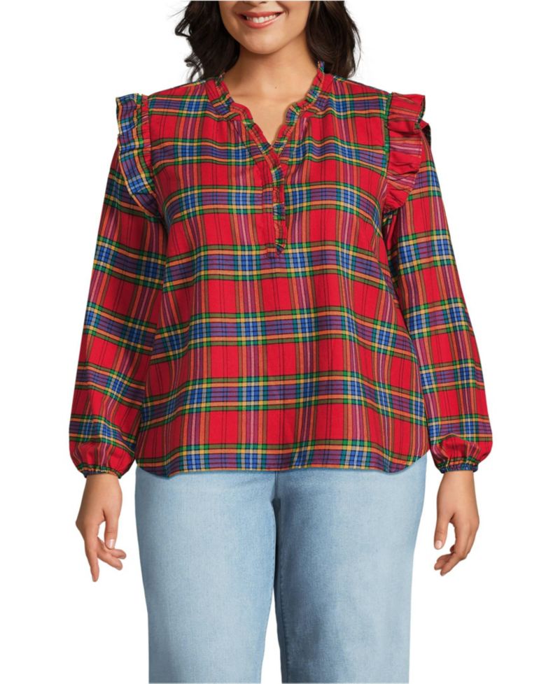Women's Plus Size Ruffle Front Flannel Popover Blouse