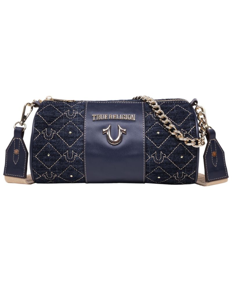 Studded Denim Zip Top Barrel Bag