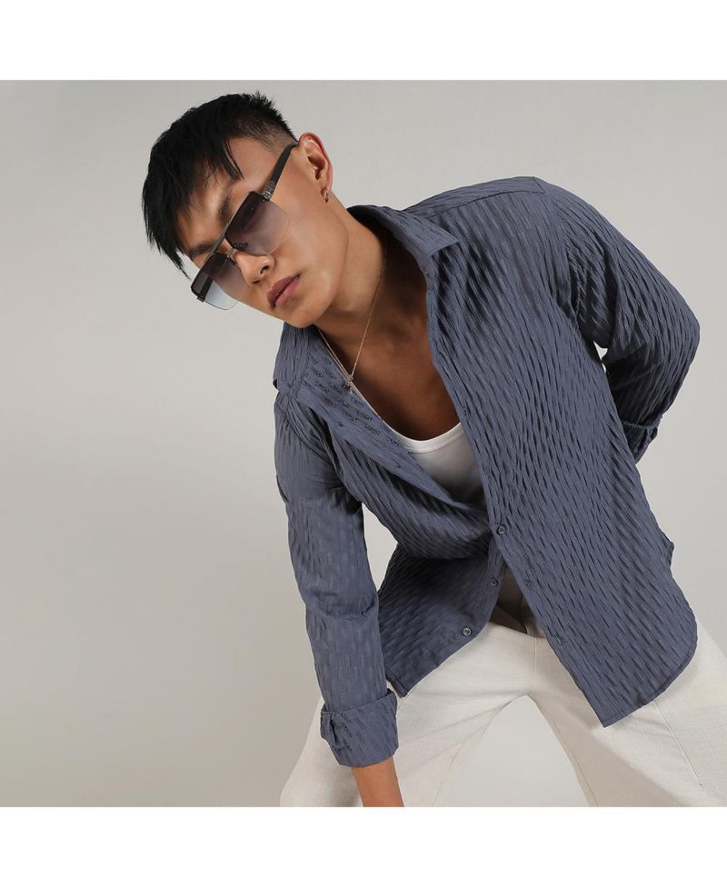 Men's Prussian Blue Crinkled-Weave Shirt