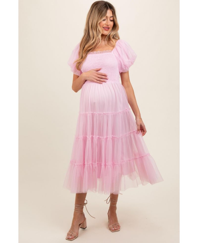 Women's Light Pink Smocked Tiered Tulle Midi Dress