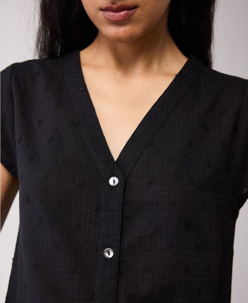 Women's V-Neck Embroidered Top with Front Buttons