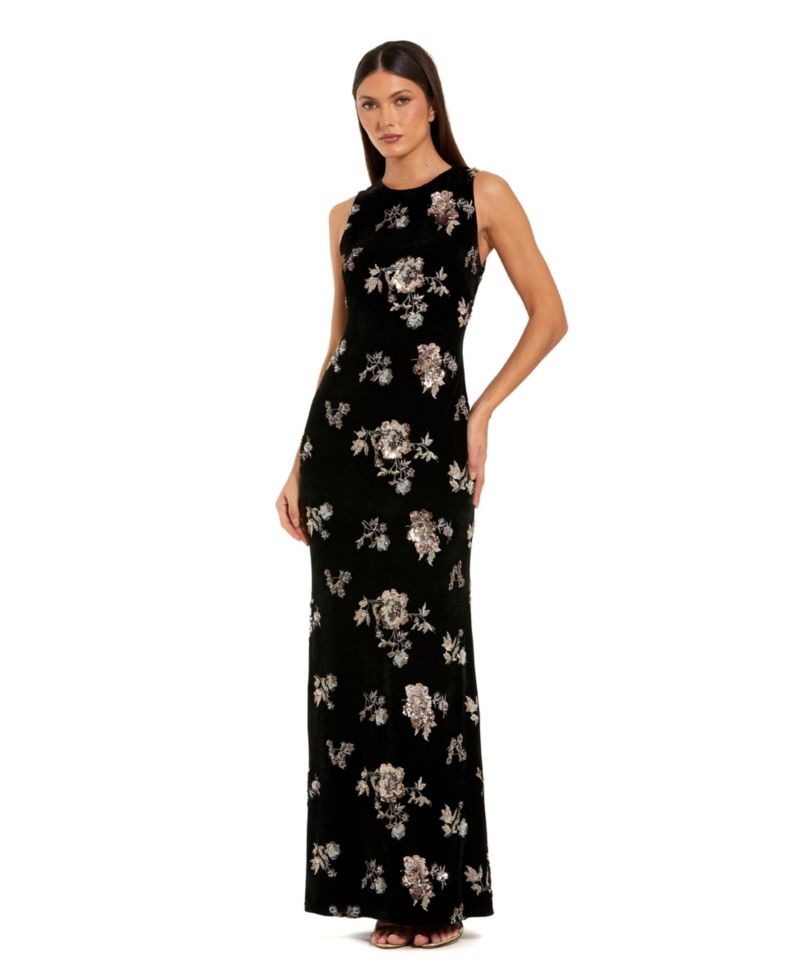 Women's Embellished Velvet High Neck Sleeveless Gown