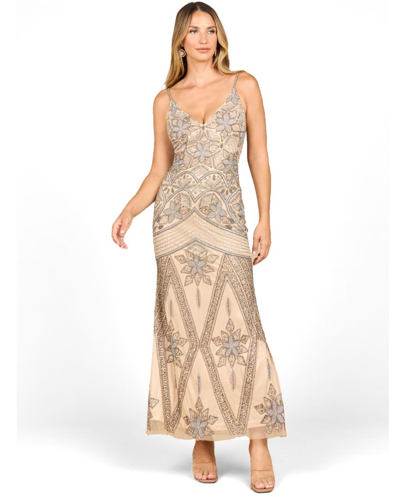 Women's Contrast Beaded V-Neck Fitted Gown