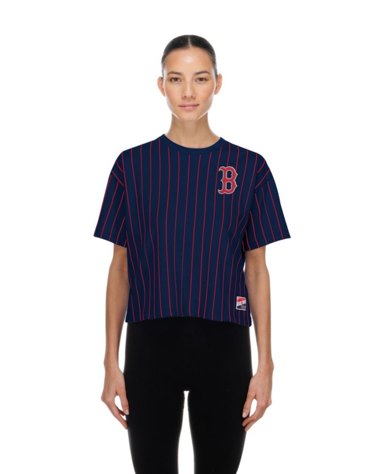 Women's Navy Boston Red Sox Throwback Meshback Pinstripe Boxy T-Shirt