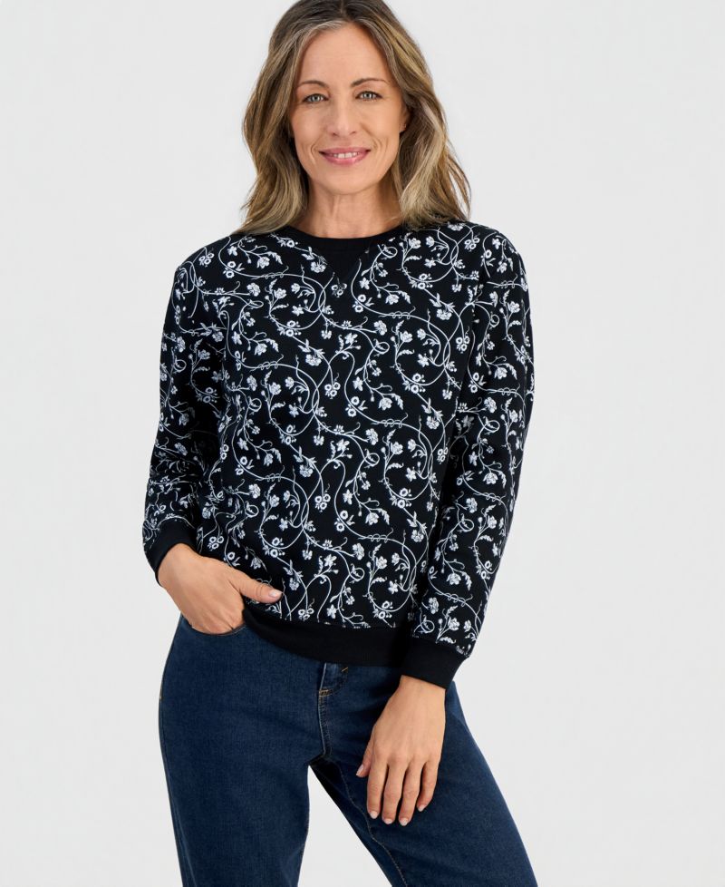 Petite Floral Crewneck Fleece Sweatshirt