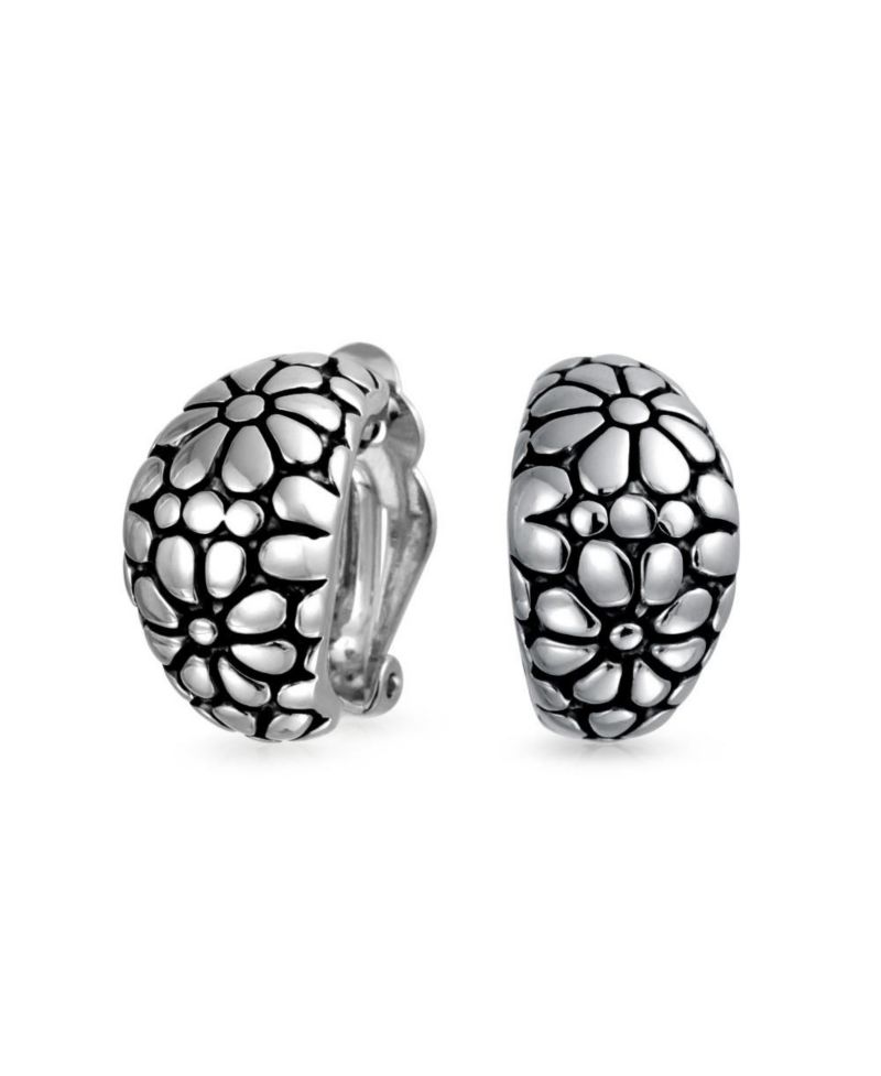 Daisy Flower Clip On Earrings Shrimp Style Oxidized Silver Plated