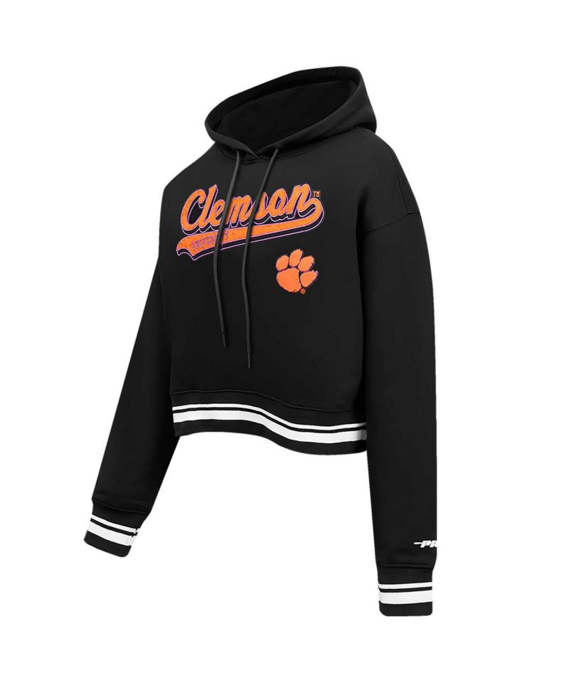 Women's Black Clemson Tigers Script Tail Fleece Cropped Pullover Hoodie