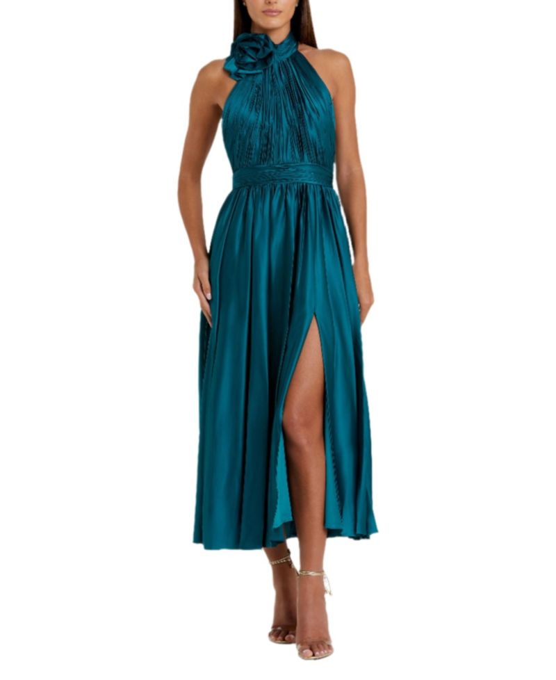 Women's Pleated Charmeuse High Neck Sleeveless Midi Dress