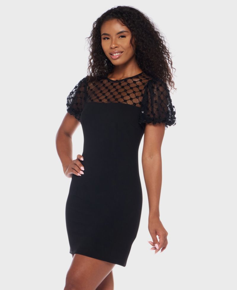 Juniors' Embellished Puff Sleeve Dress