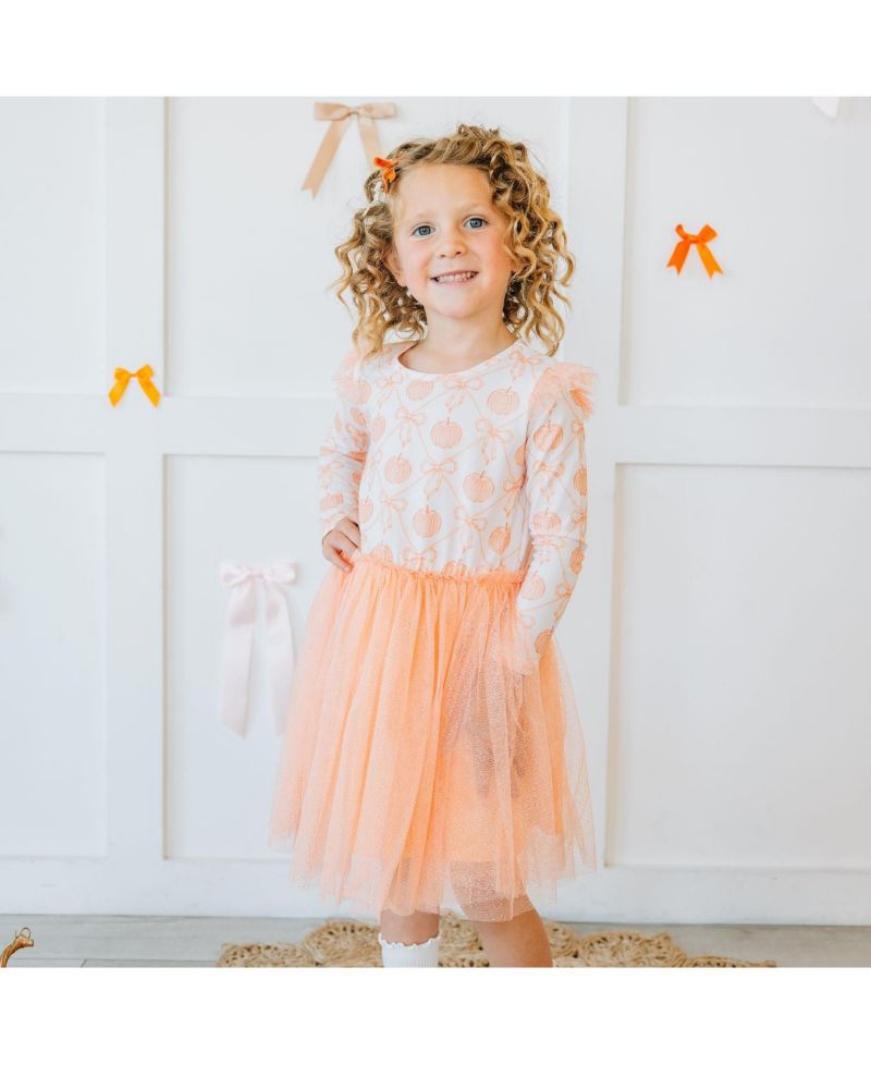 Little Girls Pumpkin Bow Trellis Long Sleeve Tutu Dress
