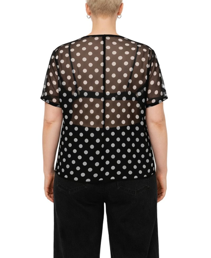 Plus Size Polka Dot Mesh Rolled-Sleeve Top
