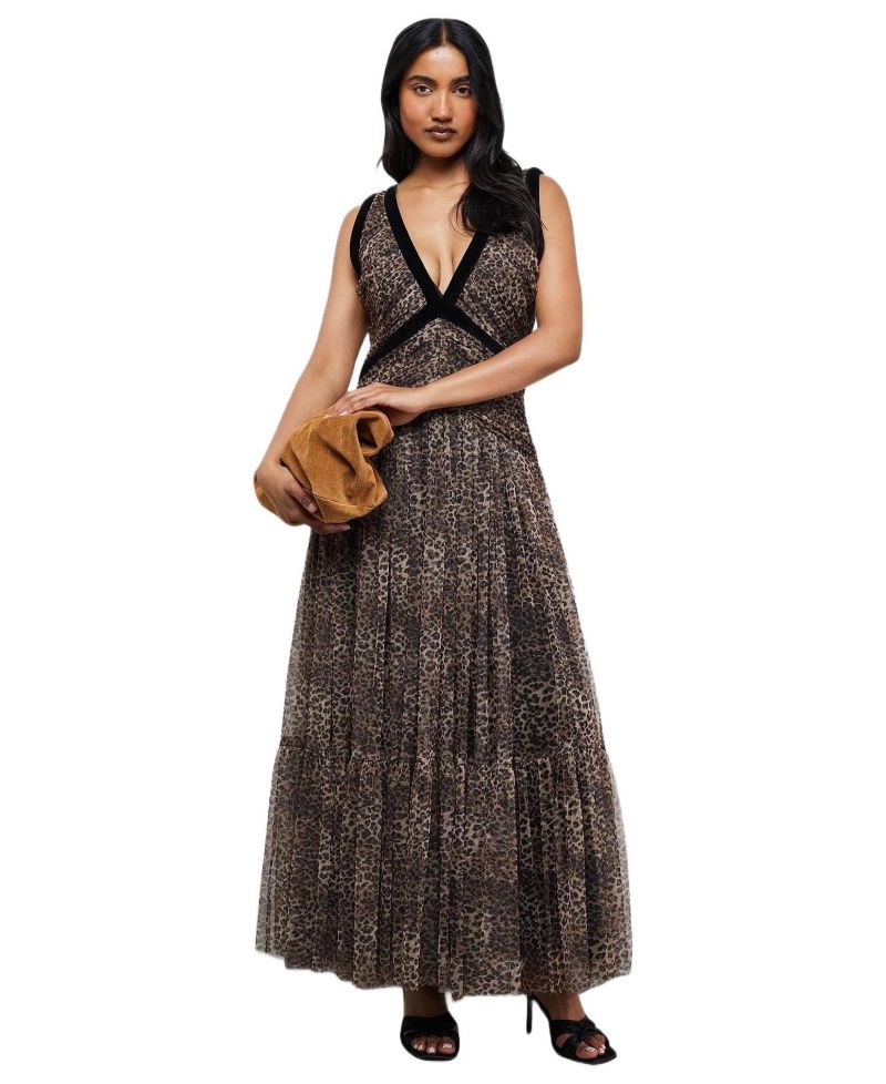 Women's Velvet Trim Leopard Tulle Maxi Dress