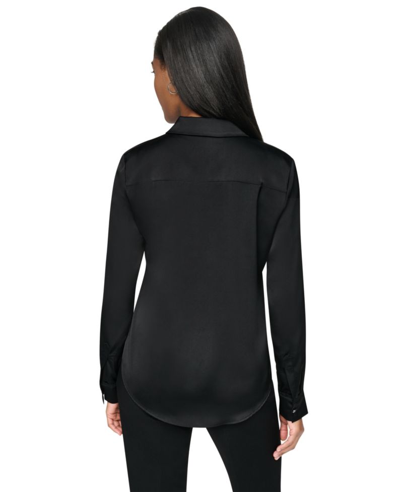 Petite Satin Front-Button Long-Sleeve Top
