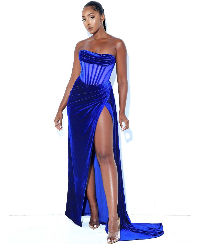 Women Priya Royal Blue Draping Corset High Slit Velvet Gown