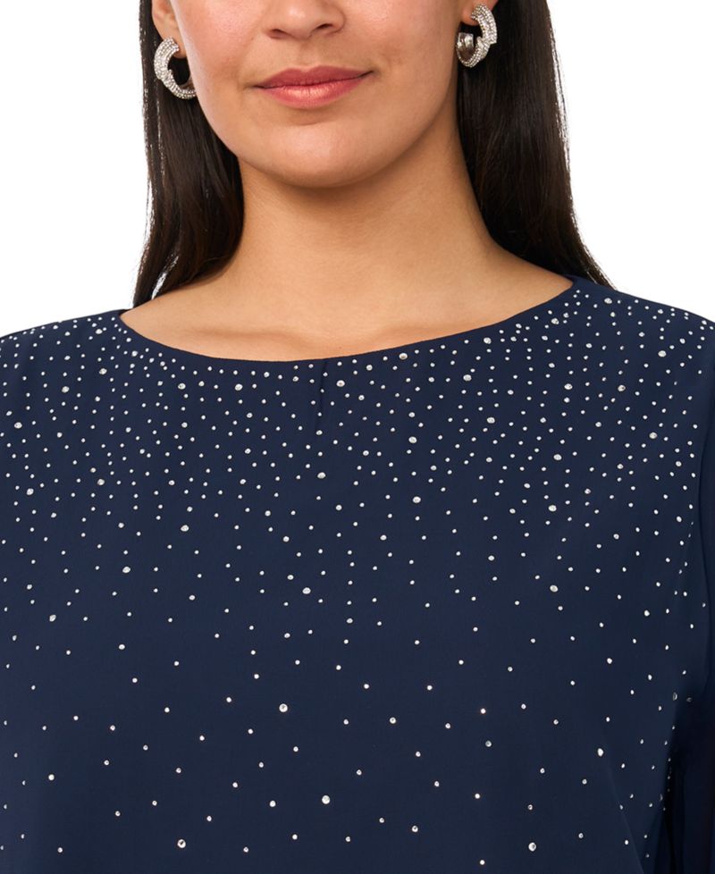Plus Size Rhinestone Embellished Balloon-Sleeve Top