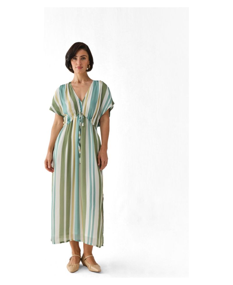 Women's Striped Drawstring Waist Maxi Dress
