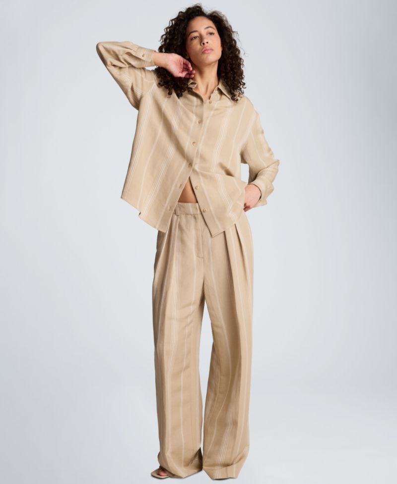 Women's High Rise Fly Front Pleated Wide Leg Linen Pants