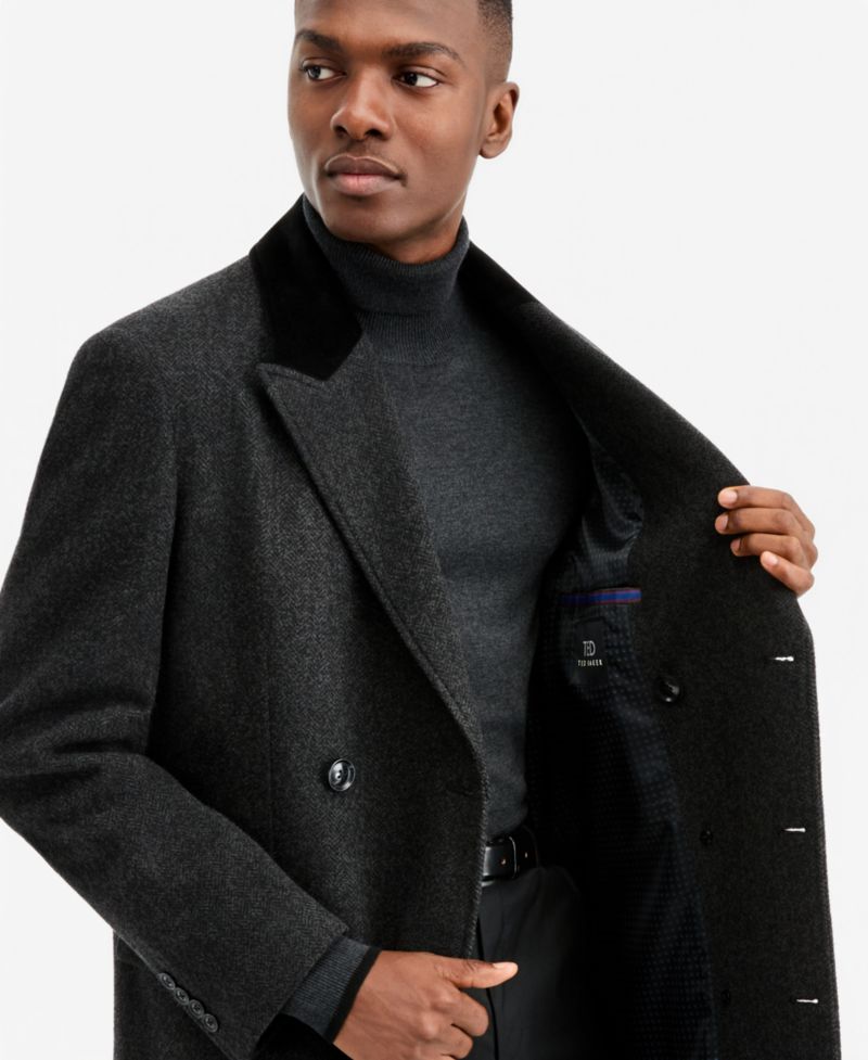Men's Modern-Fit Herringbone Charcoal Overcoat