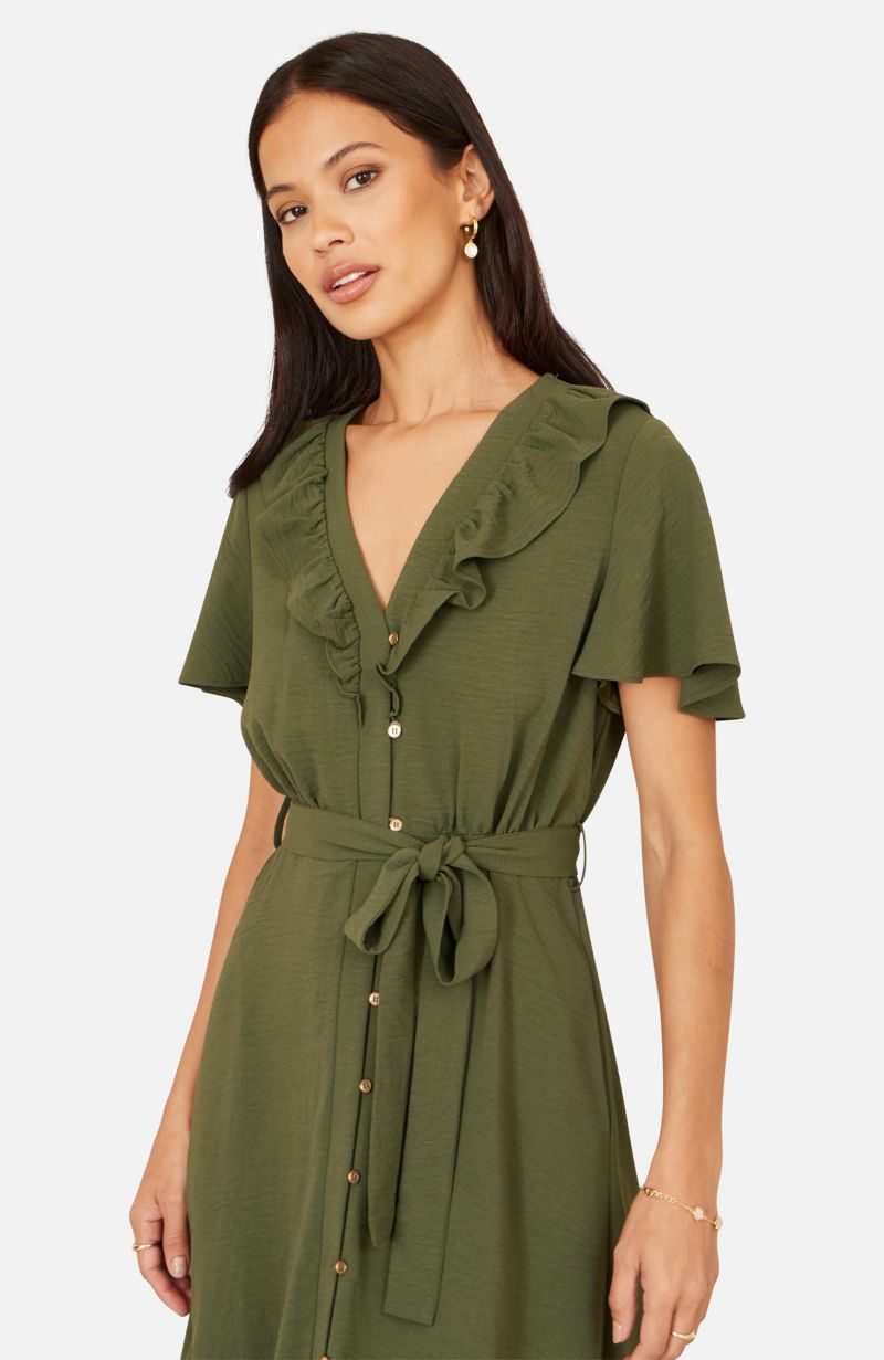 Women's Ruffle Collar Midi Shirt Dress