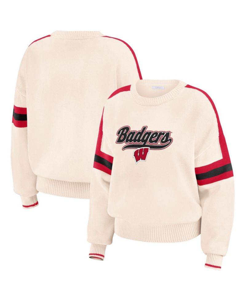Women's Cream Wisconsin Badgers Chenille Woven Patch Stripe Pullover Sweater