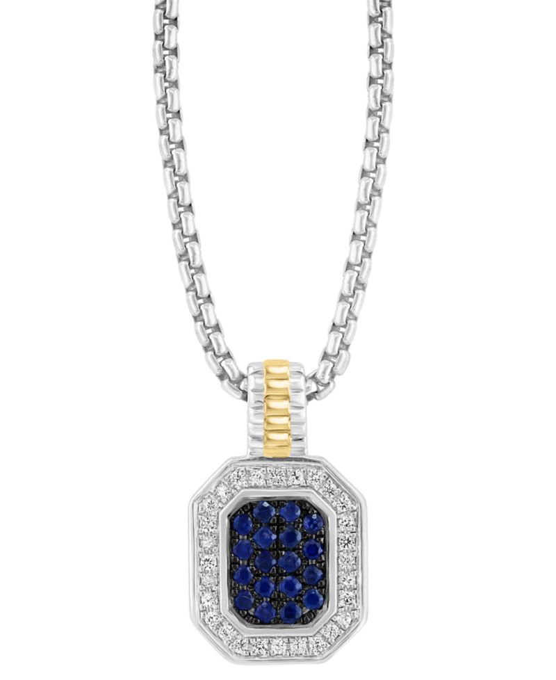 EFFY® Men's Sapphire (7/8 ct. t.w.) & White Sapphire (1/4 ct. t.w.) 22" Halo Cluster 22" Pendant Necklace in Sterling Silver & 14k Gold-Plated