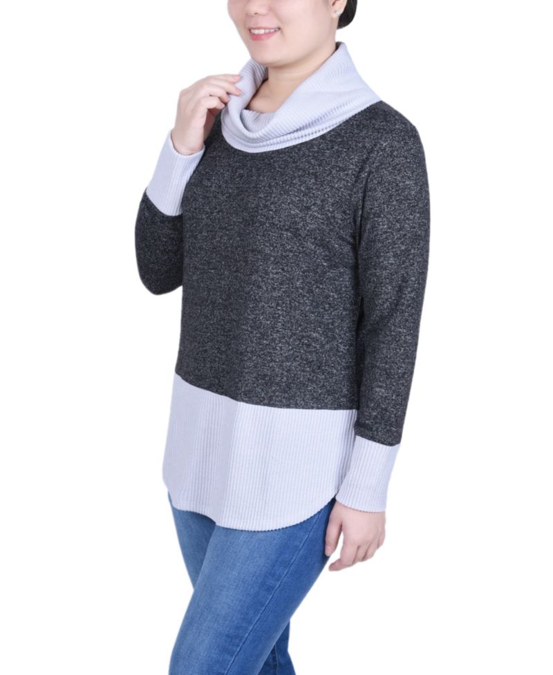 Petite Long Sleeve Cowl Neck Colorblocked Top
