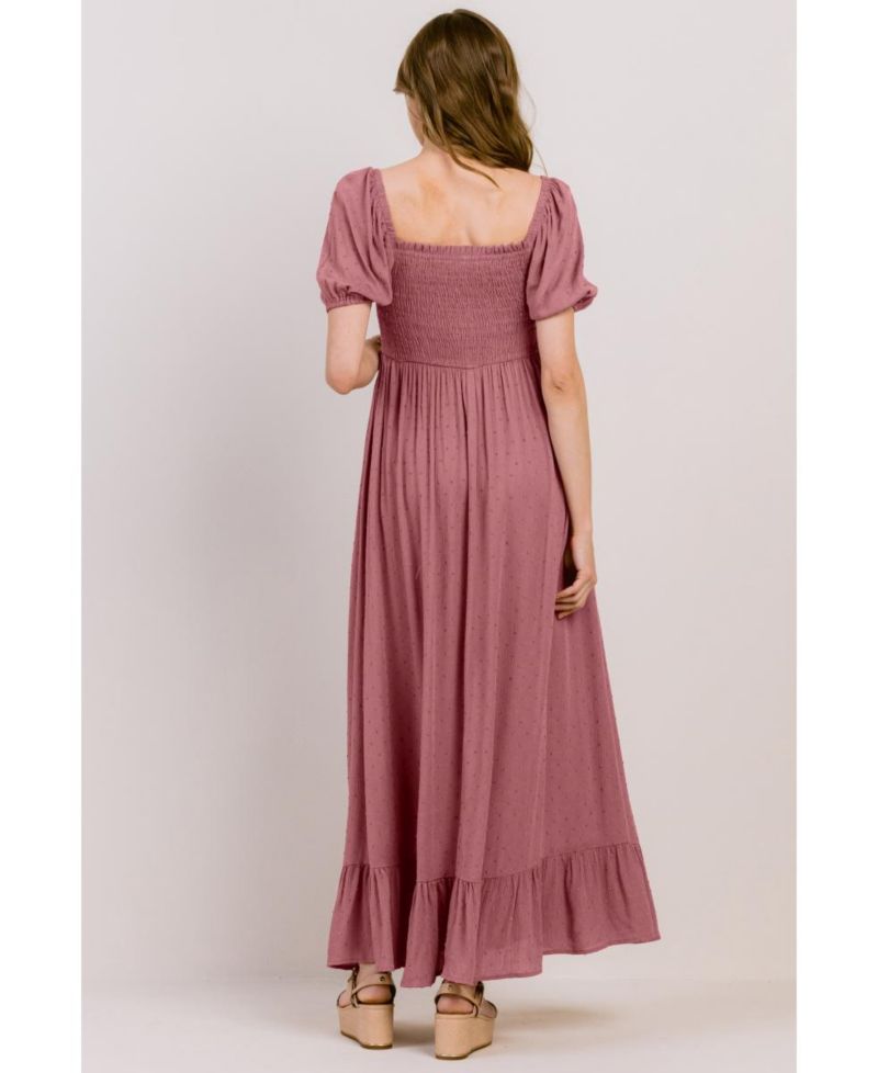 Women's Smocked Swiss Dot Maxi Dress with Side Slit