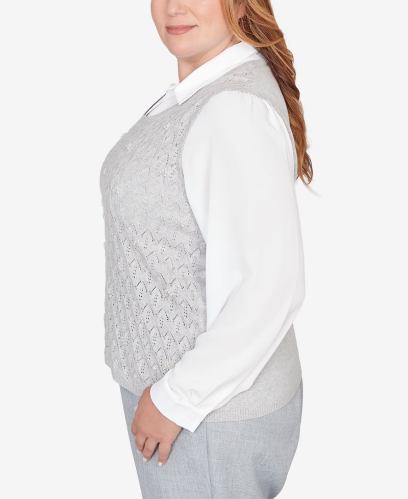Plus Size Al Fresco Pointelle Mother of Pearl Lace Two In One Sweater