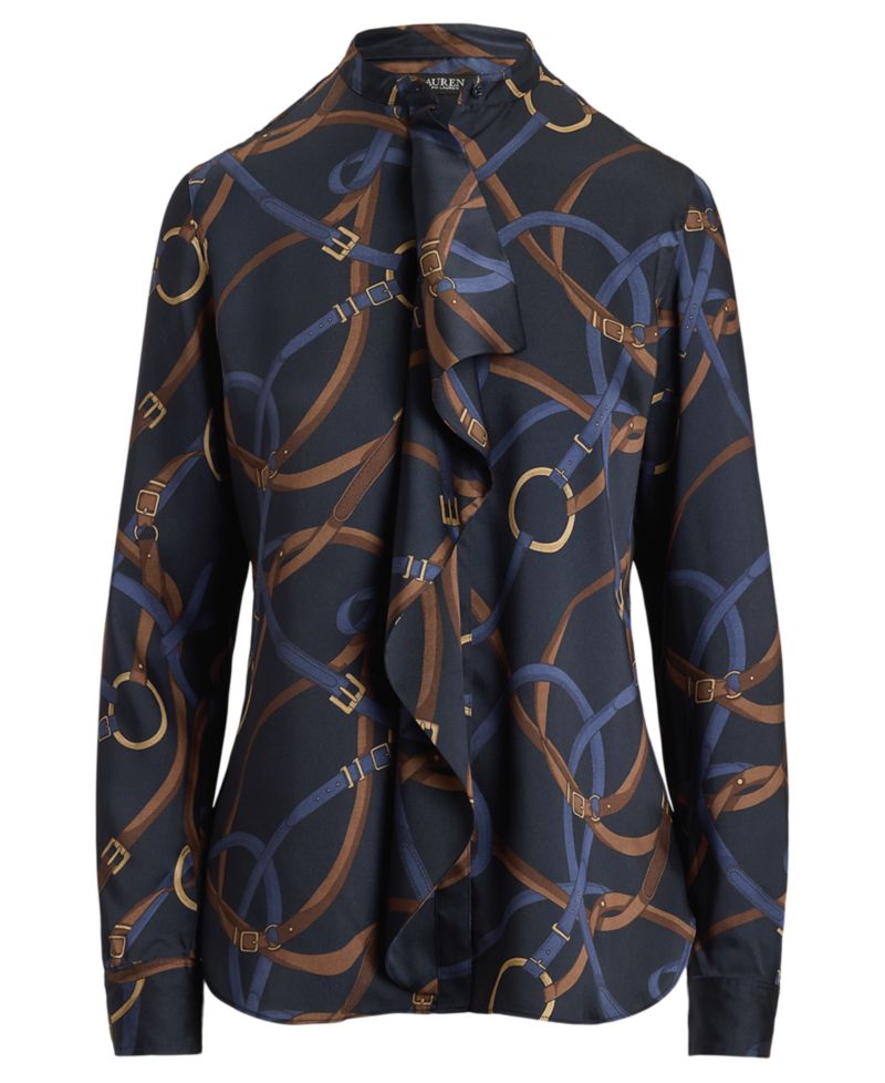 Petite Belting-Print Ruffle-Trim Twill Shirt