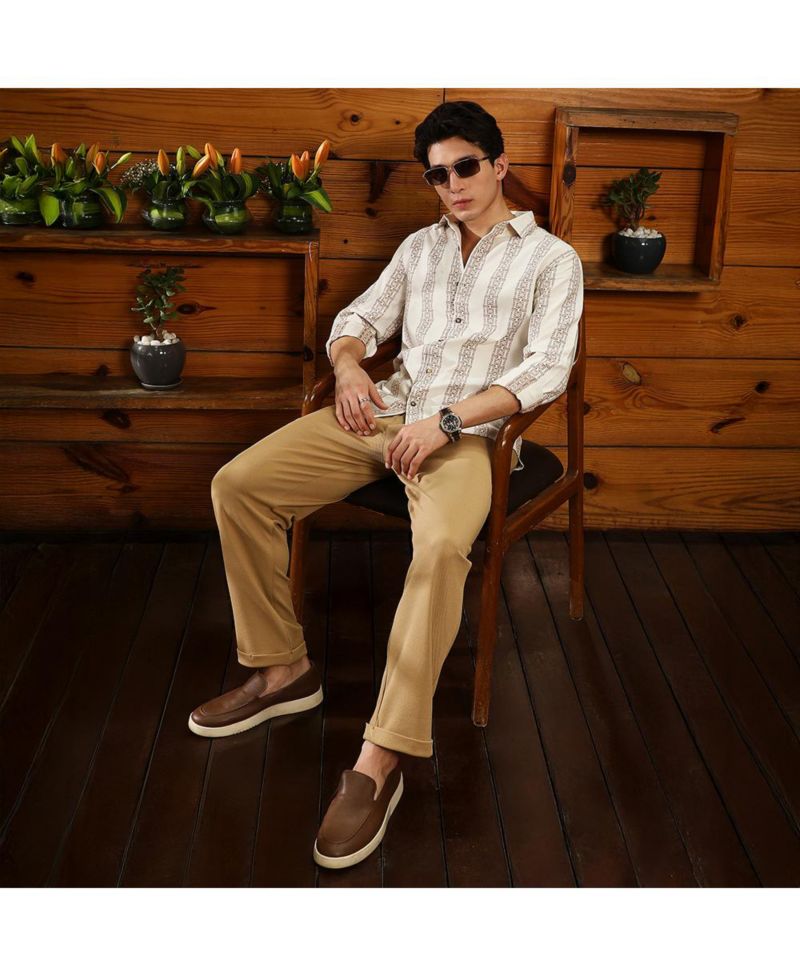 Men's Ash Brown & Off-White Indie-Stripe Jacquard Shirt