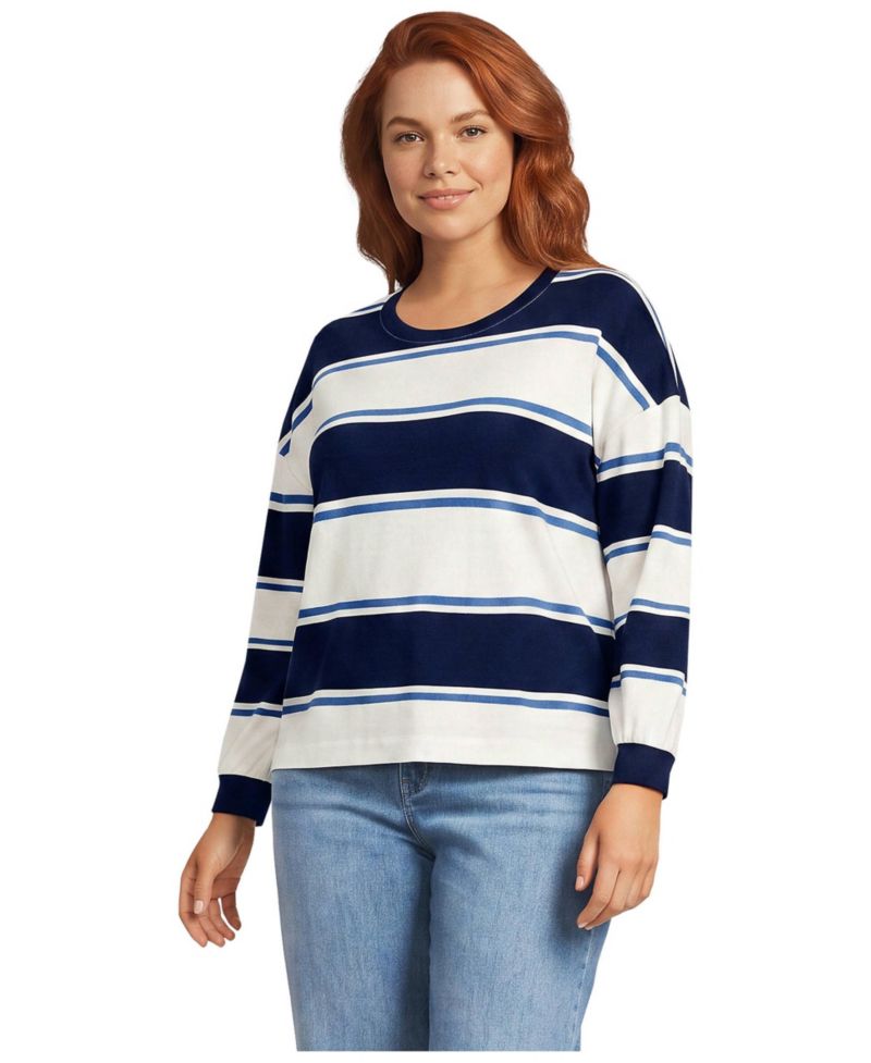 Plus Size Long-Sleeve Breton-Stripe Relaxed-Fit T-Shirt