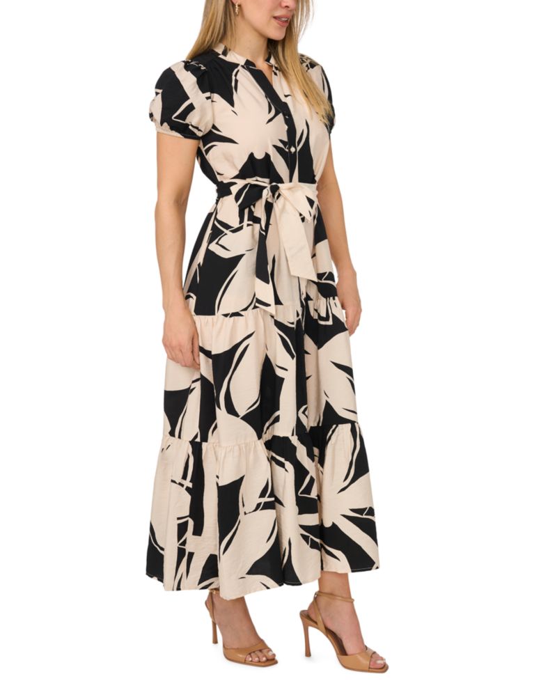 Petite Split Neck Belted Tiered Maxi Dress