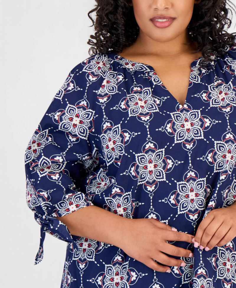 Plus Size Cotton Tie-Cuff Top