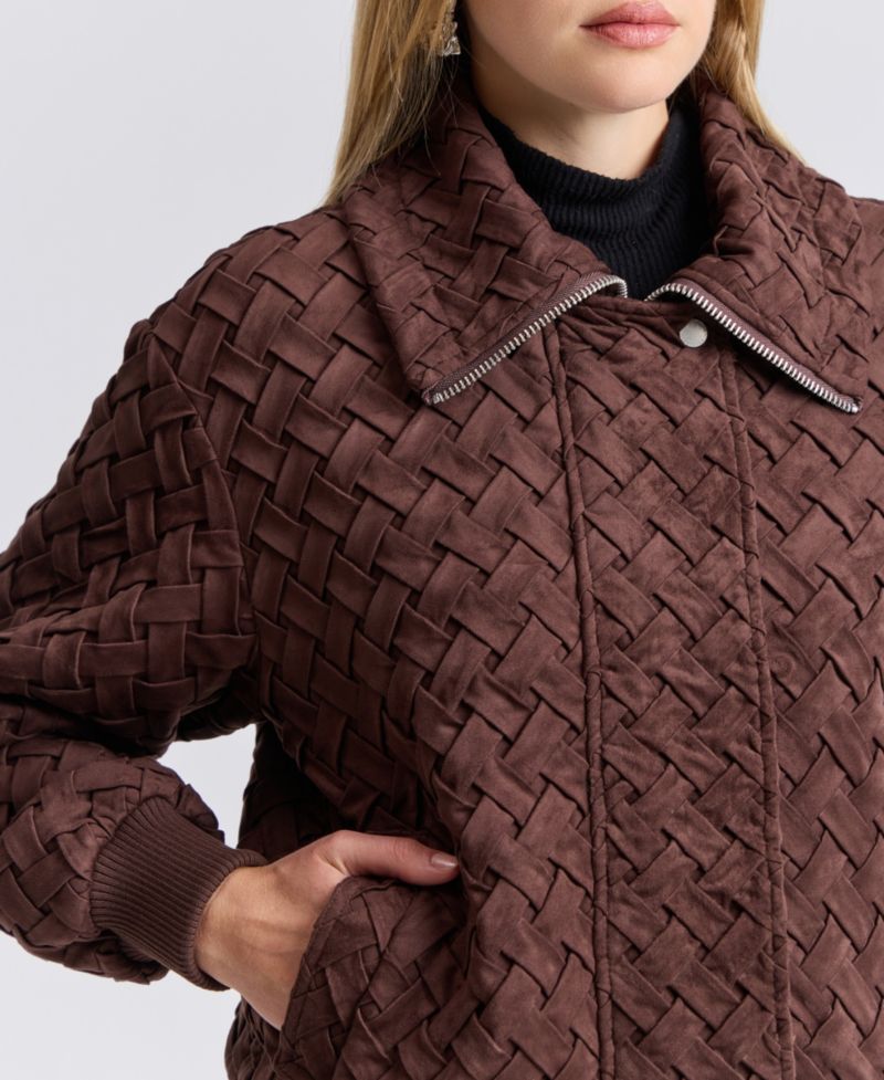 Women's Oversized Basketweave Faux Suede Bomber Coat