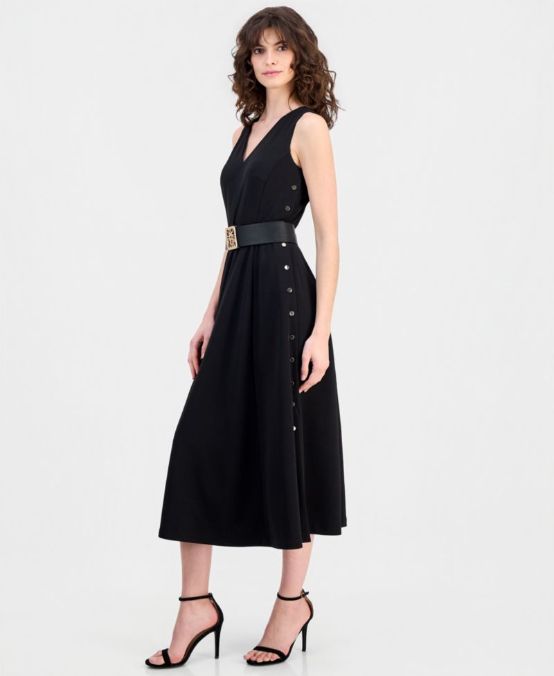 Women's Side-Button Belted Midi Dress