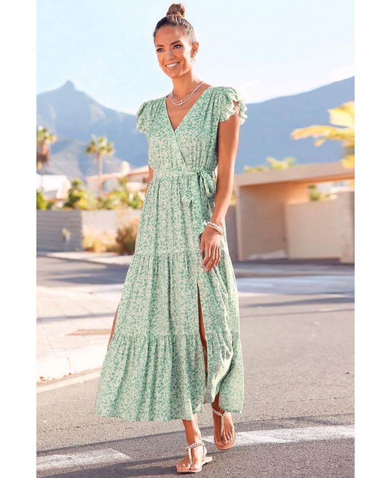 Women's Viscose Printed Flutter Sleeve V-Neck Elastic-Waist Maxi Dress