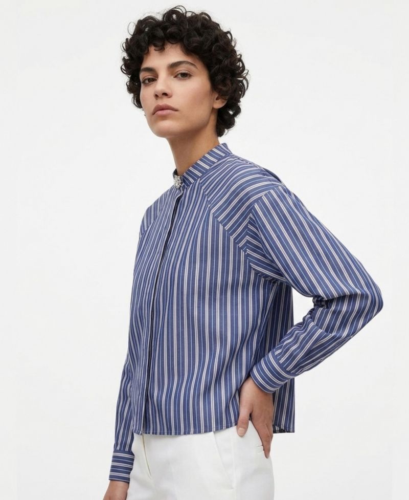 Women's Raglan Long-Sleeve Band Collar Striped Shirt