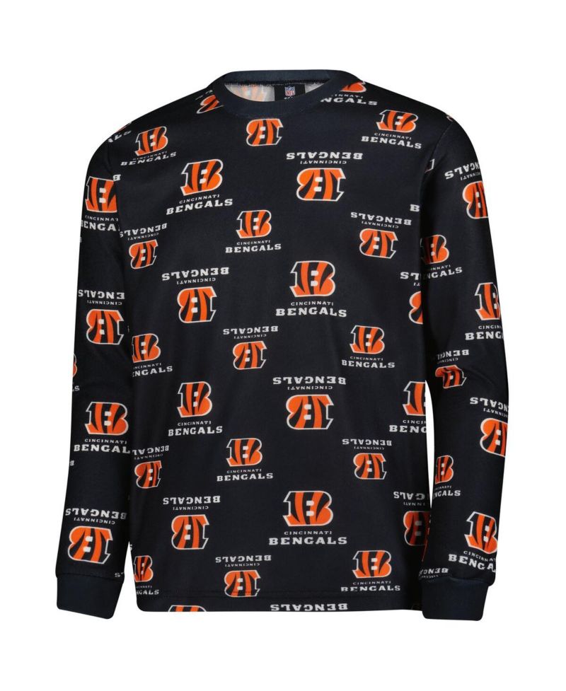 Big Boys and Girls 2-Piece Black Cincinnati Bengals All-Over-Print Long Sleeve T-Shirt and Pants Sleep Set