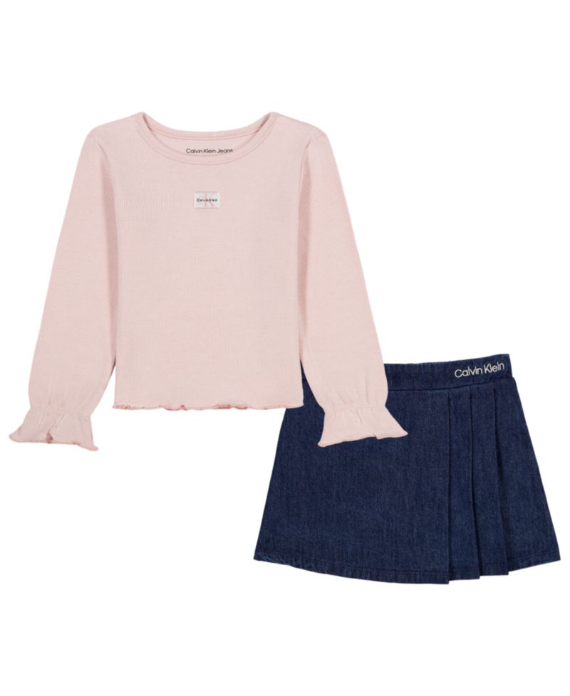 Girls' 2T-6X Long-Sleeve Top and Denim Skort, 2-Piece Set