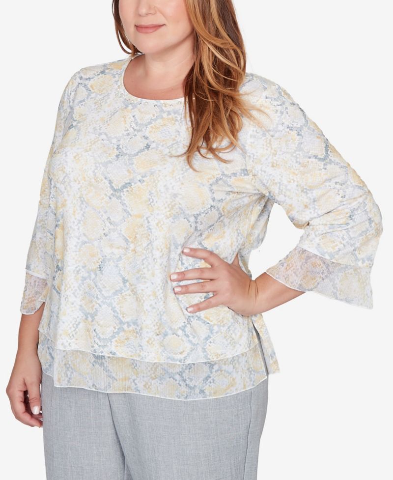 Plus Size Al Fresco Python Printed Knit Flutter Sleeve Top