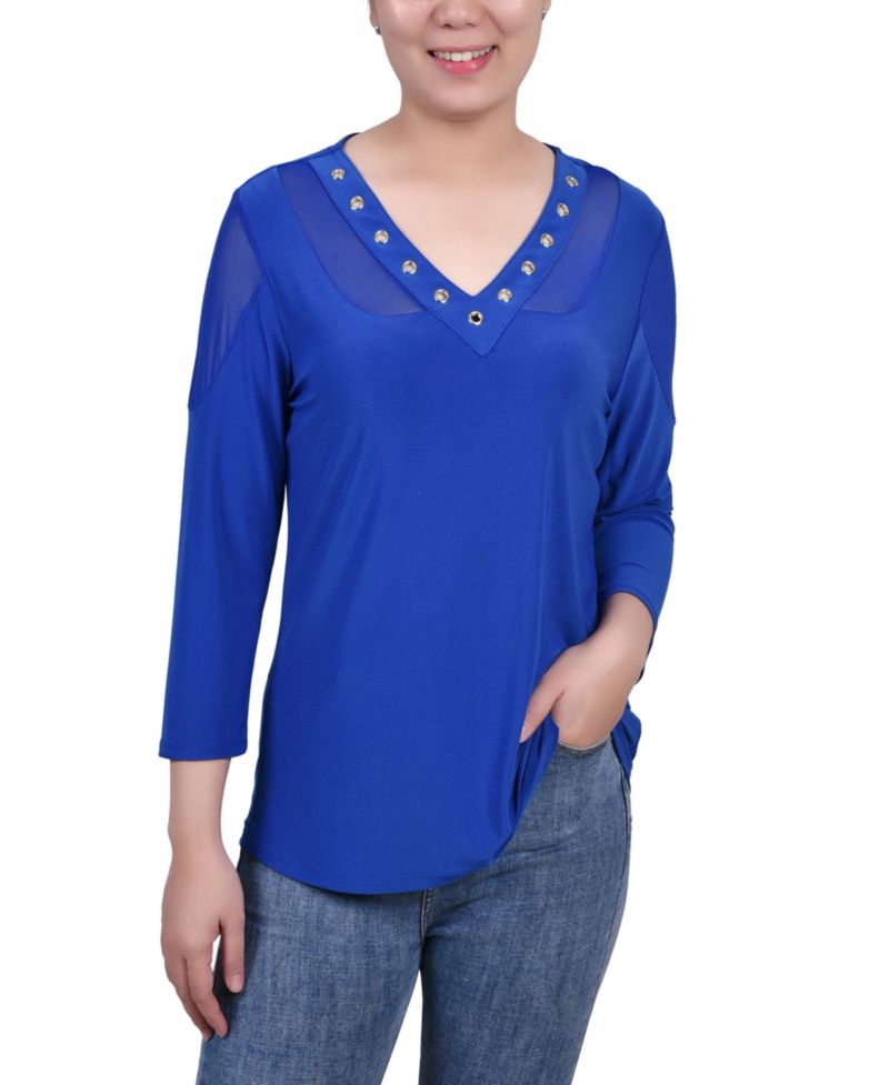 Petite Long Sleeve Top with Mesh Insets