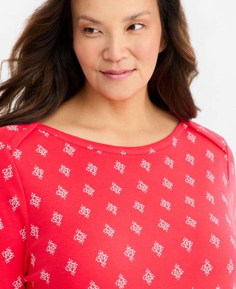 Plus Size Printed 3/4 Sleeve Boat-Neck Top