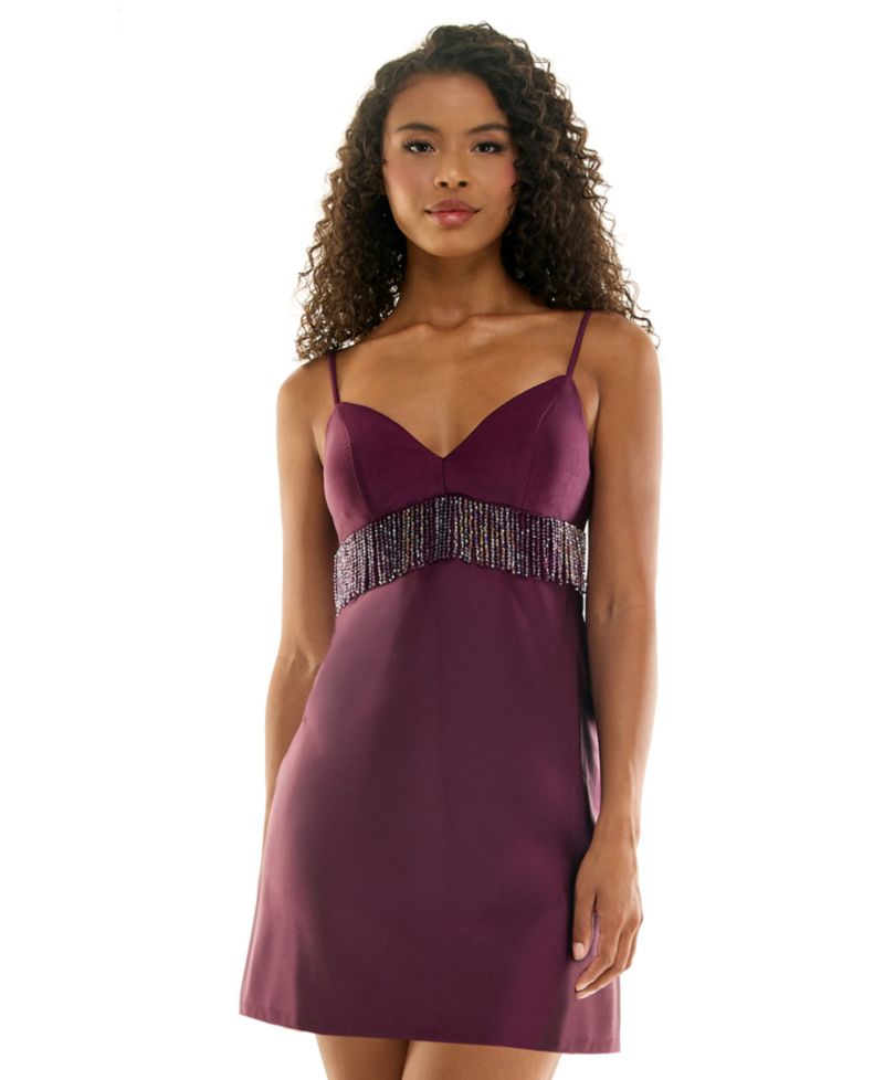 Juniors' Beaded Fringe Trim Satin Short Dress